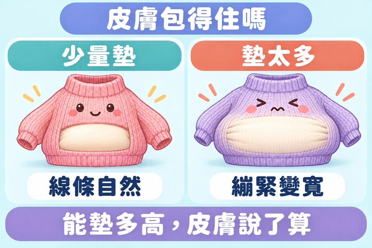 兩格對照的比喻圖:左邊一件裡面塞了小軟墊、仍然很服貼的毛衣角色寫著少量墊、線條自然,右邊另一件塞了大軟墊、被撐得很緊往兩旁鼓出的毛衣角色寫著墊太多、繃緊變寬;上方寫著皮膚包得住嗎,下方寫著能墊多高,皮膚說了算