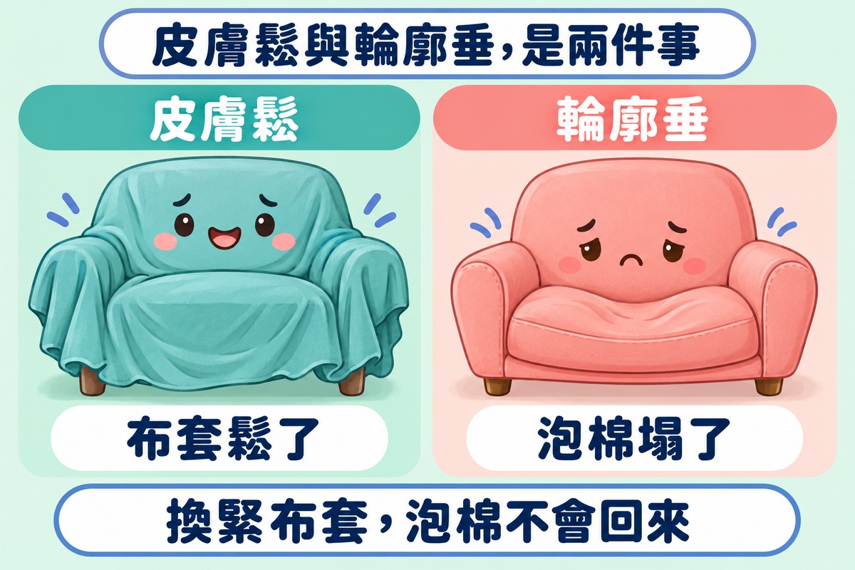 兩格對照的比喻圖:左邊的沙發角色布套鬆了,代表皮膚鬆;右邊另一張沙發角色的泡棉塌了,代表輪廓垂;下方寫著換緊布套,泡棉不會回來