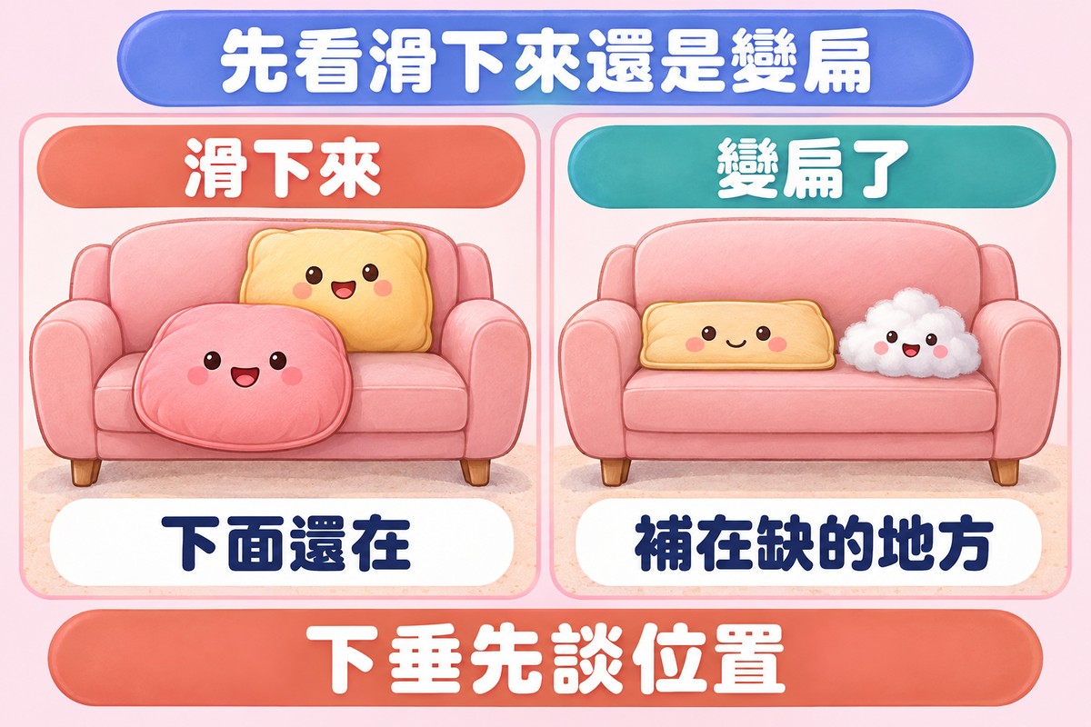 兩格比喻圖:左邊抱枕滑到沙發座墊前緣,原位又塞進一顆新抱枕,沙發顯得很擠,標示滑下來、下面還在;右邊抱枕在原位但變扁,旁邊放著一小團棉花,標示變扁了、補在缺的地方;下方寫著下垂先談位置