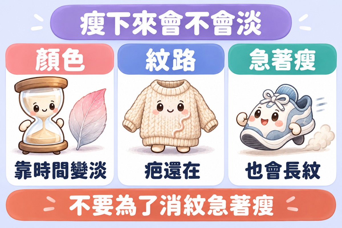三張卡片的整理圖:小沙漏旁一片從淡玫瑰色融成淡銀色的葉子寫著顏色、靠時間變淡,有一條鬆開淡線的針織小毛衣寫著紋路、疤還在,跑得太快揚起小灰塵的跑鞋寫著急著瘦、也會長紋;上方寫著瘦下來會不會淡,下方寫著不要為了消紋急著瘦