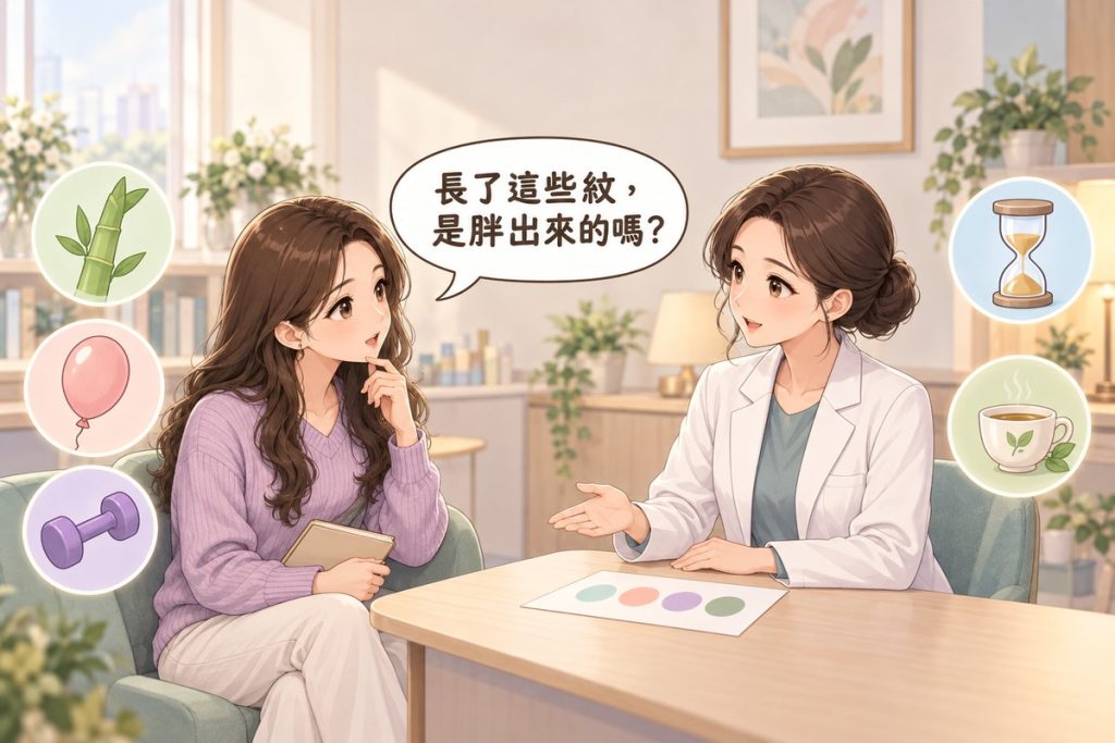 插畫:診間裡一位穿著長袖上衣的女性拿著空白小筆記本發問,對面穿白袍的醫師比著桌上一張只有四個柔和色塊的空白紙平靜說明,周圍有竹筍、氣球、啞鈴、沙漏與茶杯的小圖示