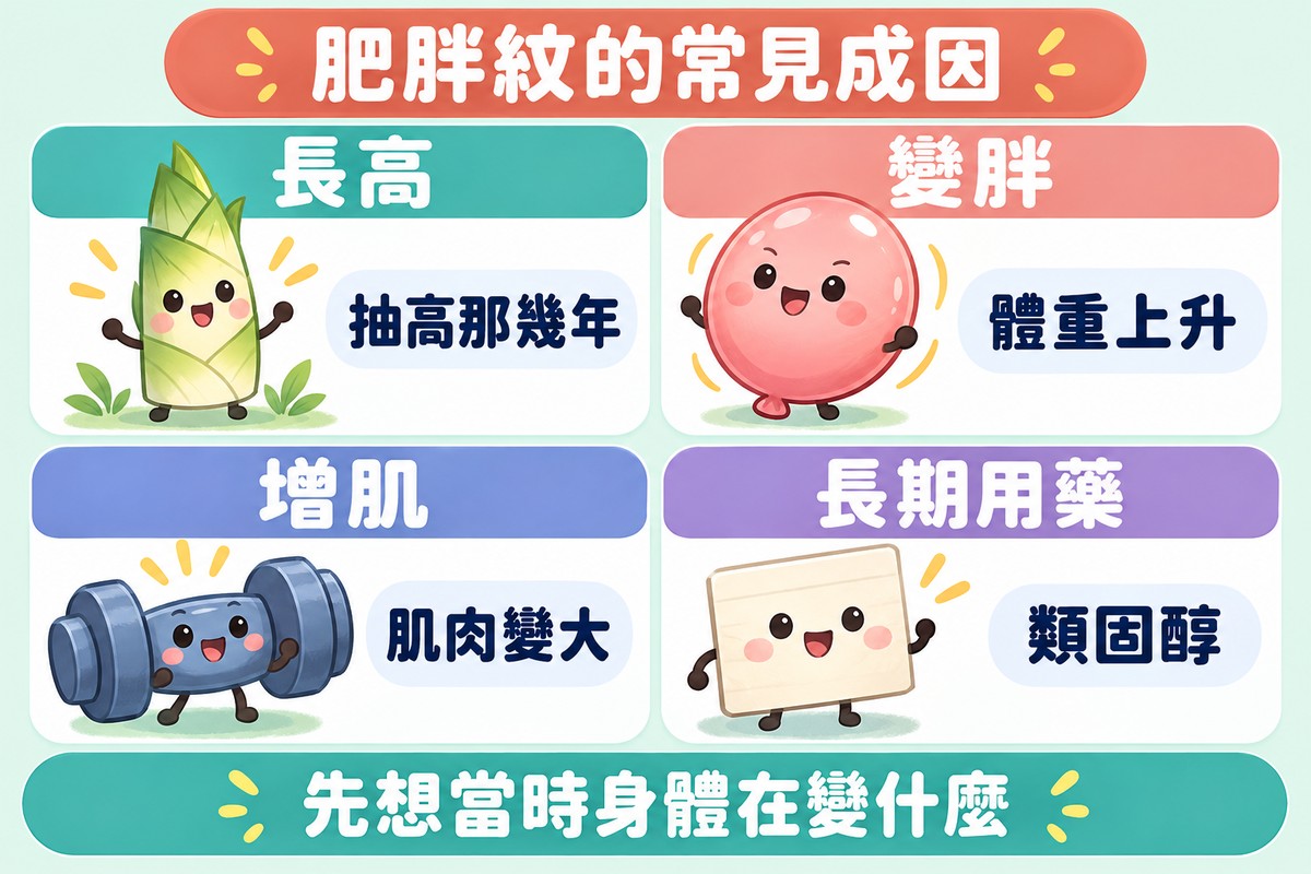 四格卡片的整理圖:長得很快的竹筍寫著長高、抽高那幾年,慢慢變大的氣球寫著變胖、體重上升,小啞鈴寫著增肌、肌肉變大,空白小便條寫著長期用藥、類固醇;上方寫著肥胖紋的常見成因,下方寫著先想當時身體在變什麼
