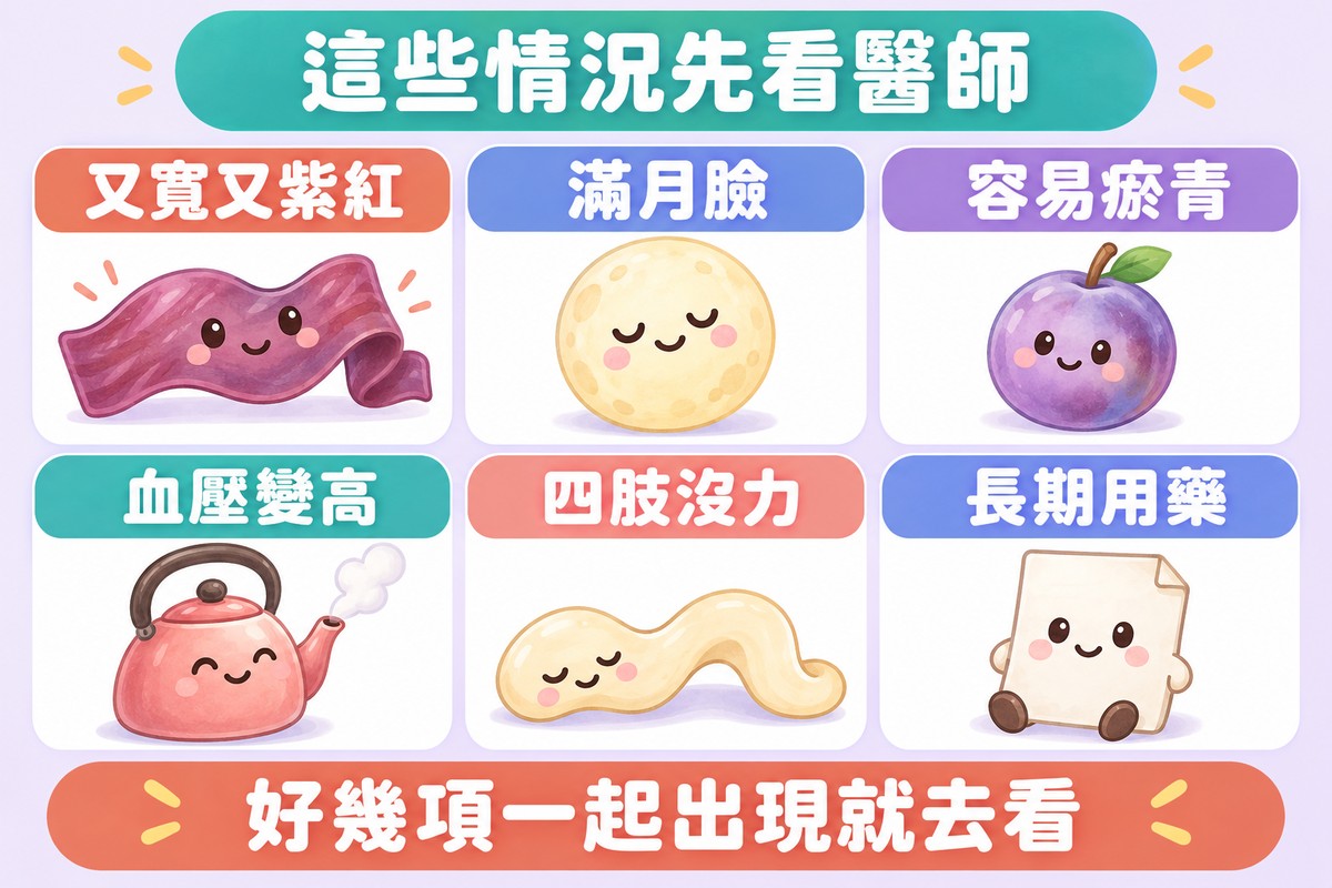 六格卡片的整理圖:寬寬的深紫紅緞帶寫著又寬又紫紅、圓圓的滿月寫著滿月臉、淡紫色小李子寫著容易瘀青、冒著小蒸氣的水壺寫著血壓變高、軟軟的麵條寫著四肢沒力、空白小便條寫著長期用藥;上方寫著這些情況先看醫師,下方寫著好幾項一起出現就去看