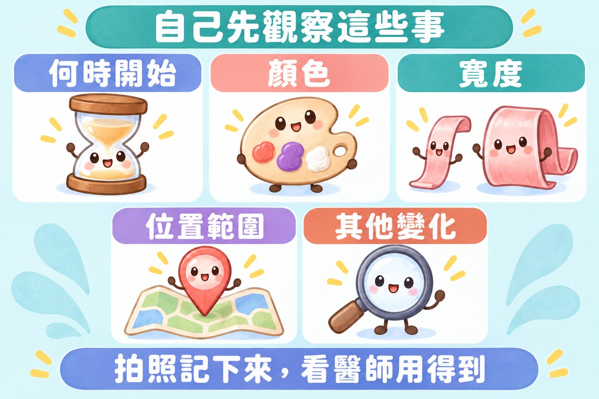 五格卡片的整理圖:小沙漏寫著何時開始、小調色盤寫著顏色、一細一寬兩條緞帶寫著寬度、地圖上的小圖釘寫著位置範圍、小放大鏡寫著其他變化;上方寫著自己先觀察這些事,下方寫著拍照記下來,看醫師用得到