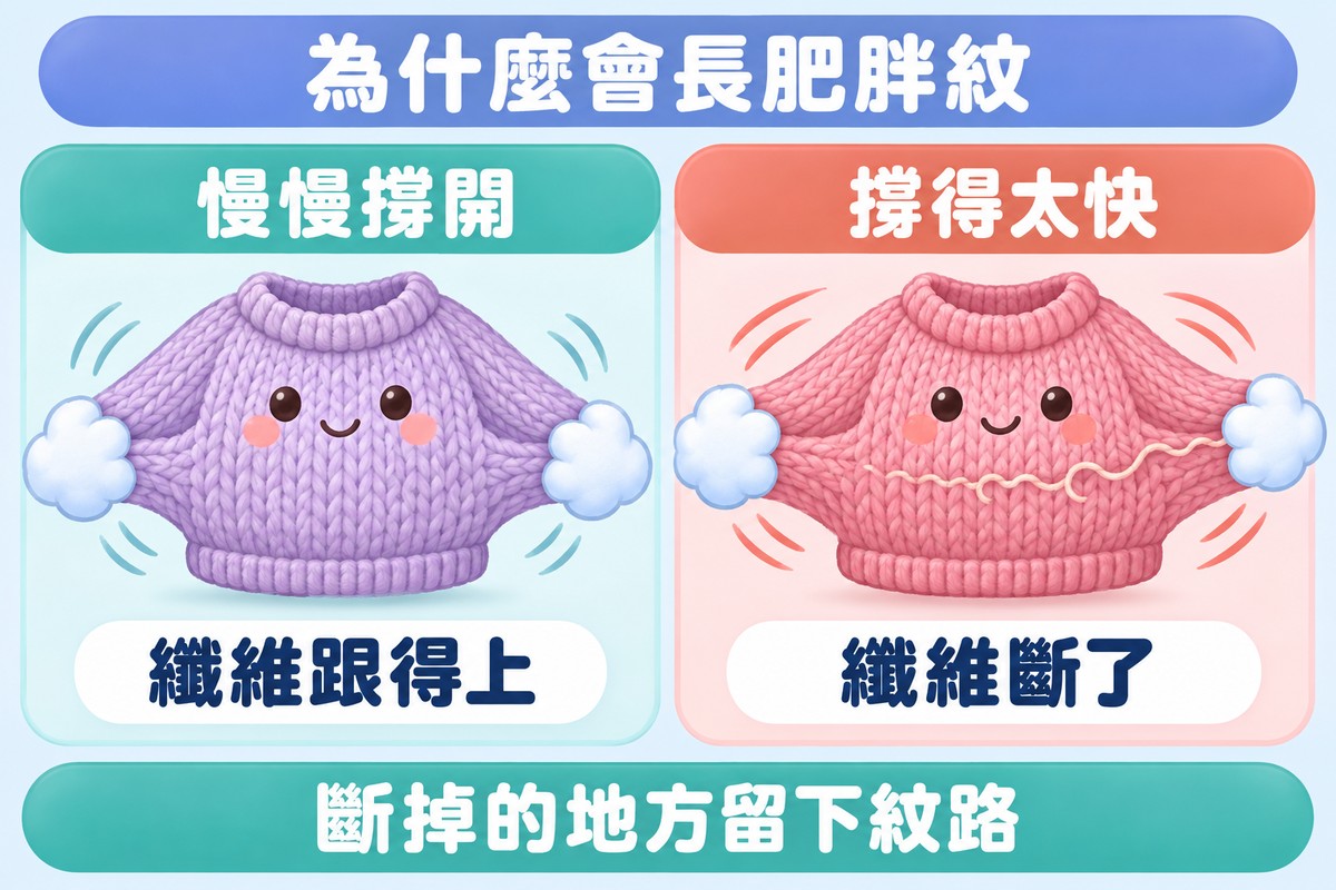 兩格對照的比喻圖:左邊一件針織小毛衣被慢慢撐開、針目整齊,寫著慢慢撐開、纖維跟得上;右邊同樣的小毛衣被撐得太快,有一條針目鬆開的淡線,寫著撐得太快、纖維斷了;上方寫著為什麼會長肥胖紋,下方寫著斷掉的地方留下紋路