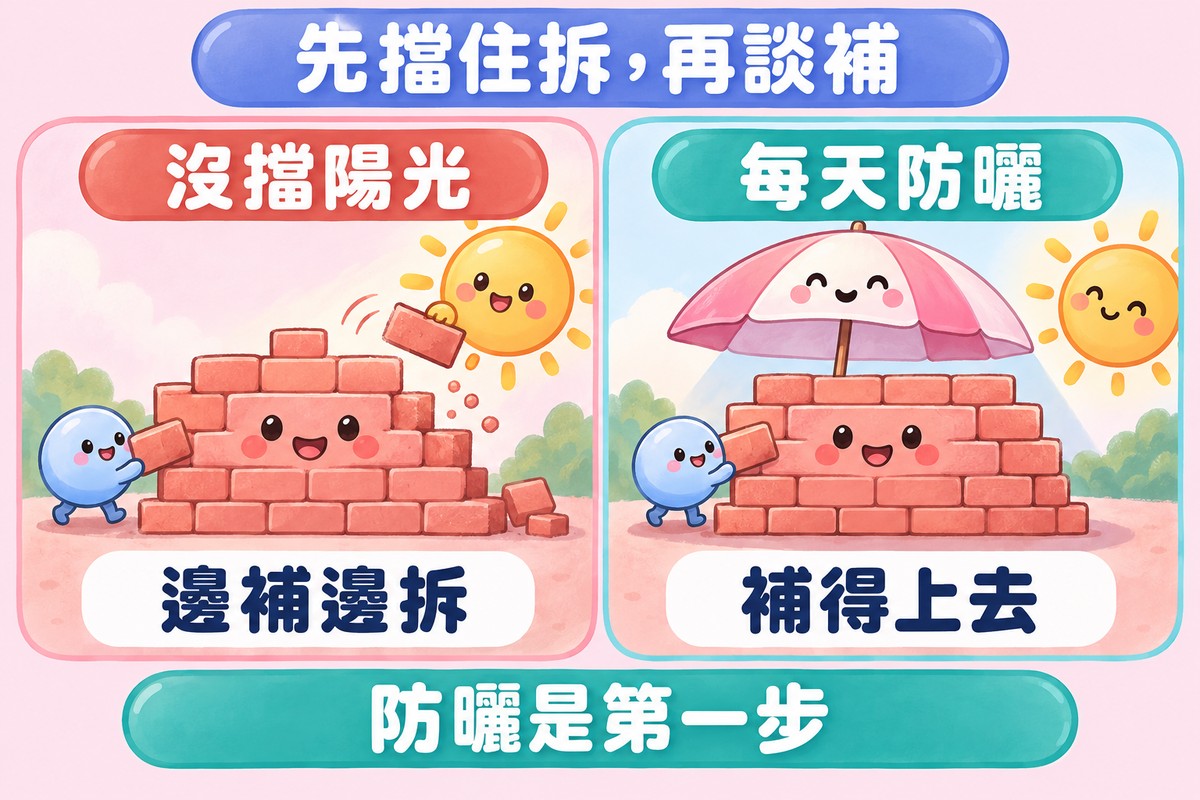 兩格比喻圖:左邊小幫手在補磚牆、太陽卻把磚推鬆代表沒擋陽光邊補邊拆,右邊陽傘替磚牆遮陽、小幫手慢慢補上磚代表每天防曬補得上去;下方寫著防曬是第一步