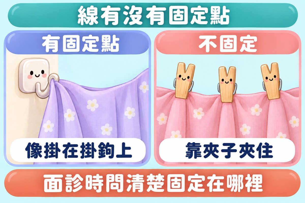 兩格對照的比喻圖:左邊窗簾掛在牆上的小掛鉤上寫著有固定點、像掛在掛鉤上,右邊窗簾只靠幾個小夾子夾住寫著不固定、靠夾子夾住;上方寫著線有沒有固定點,下方寫著面診時問清楚固定在哪裡