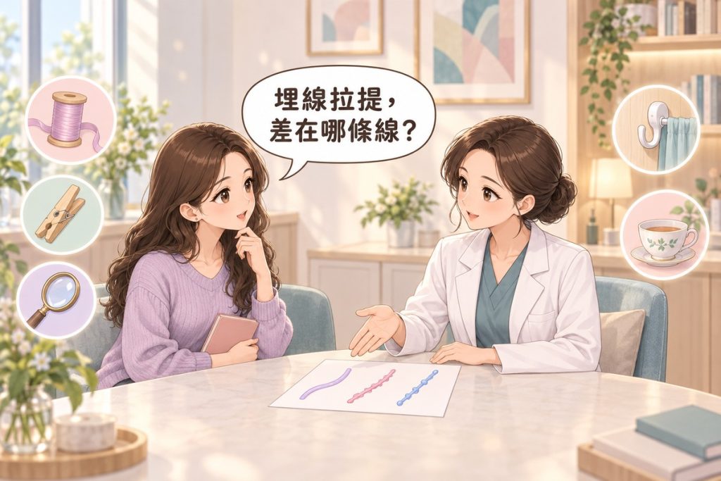 插畫:診間裡一位女性拿著空白的小筆記本發問,對面穿白袍的醫師比著桌上一張畫著三種緞帶線條的紙平靜說明,周圍有緞帶線軸、曬衣夾、放大鏡、窗簾掛鉤與茶杯的小圖示