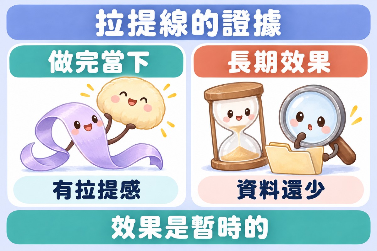 兩張卡片的整理圖:緞帶把坐墊高高吊起代表做完當下有拉提感,沙漏與放大鏡看著幾乎空的資料夾代表長期效果資料還少;下方寫著效果是暫時的
