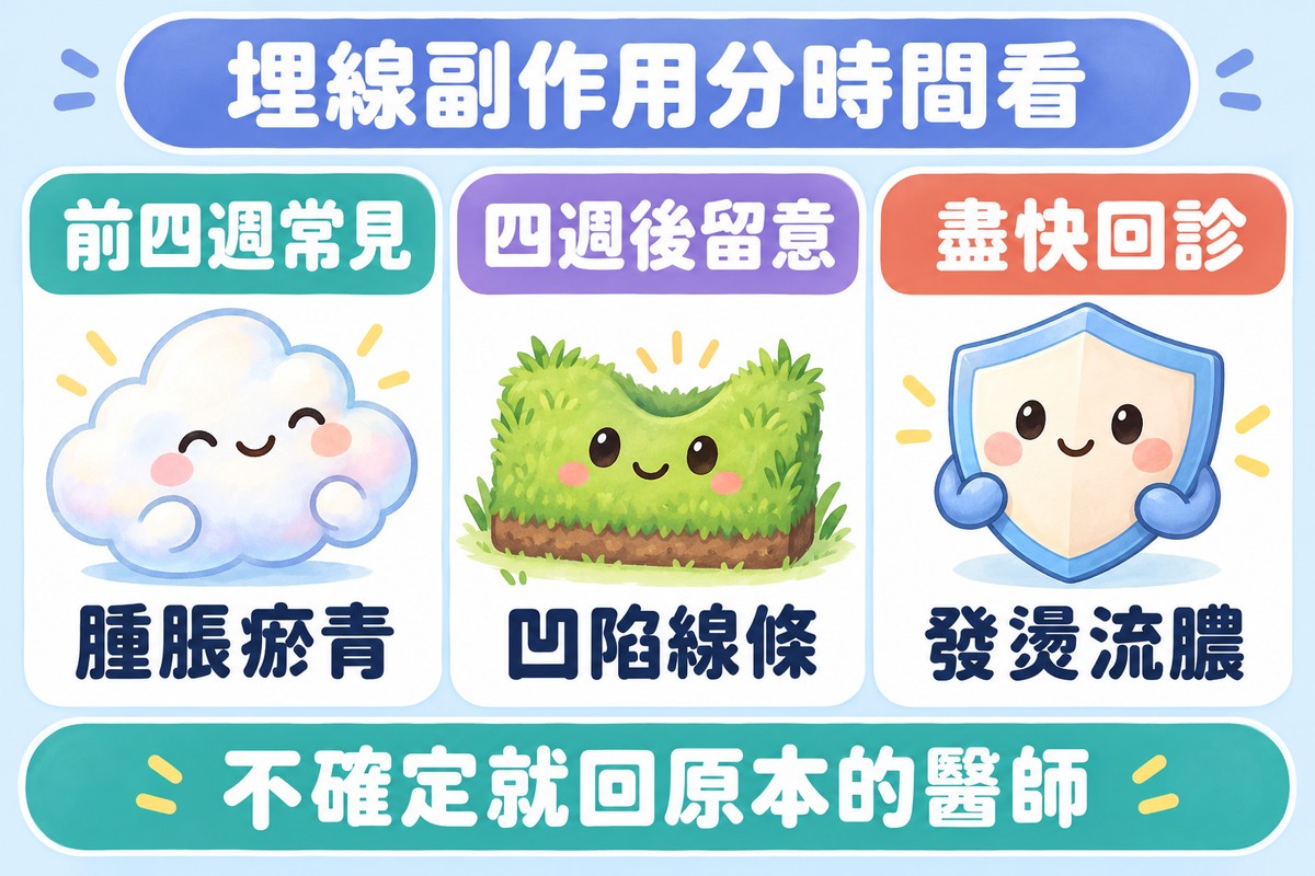 三張卡片的整理圖:微微膨起的小雲朵寫著前四週常見、腫脹瘀青,有一個淺凹的小草皮寫著四週後留意、凹陷線條,表情關心的小盾牌寫著盡快回診、發燙流膿;上方寫著埋線副作用分時間看,下方寫著不確定就回原本的醫師