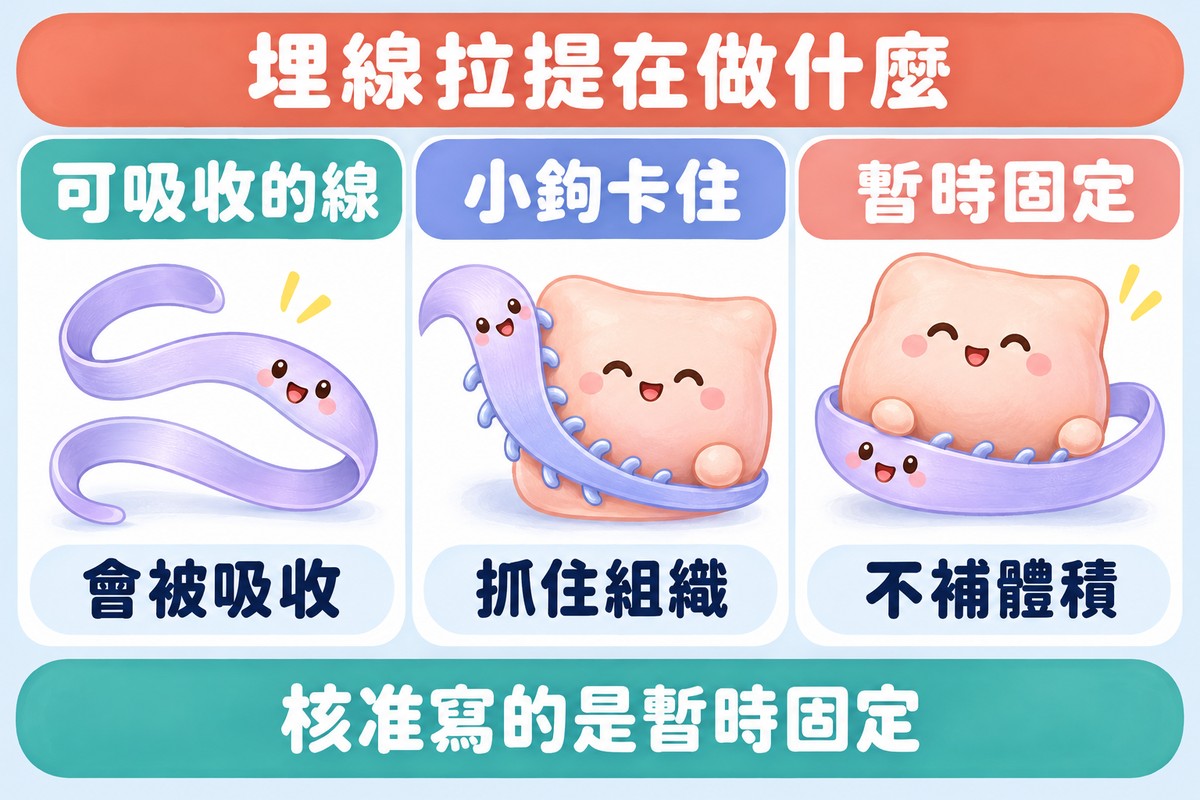 三張卡片的整理圖:緞帶般的線角色寫著可吸收的線、會被吸收,帶著小鉤的線抱住軟靠墊寫著小鉤卡住、抓住組織,靠墊被線圈托高寫著暫時固定、不補體積;上方寫著埋線拉提在做什麼,下方寫著核准寫的是暫時固定
