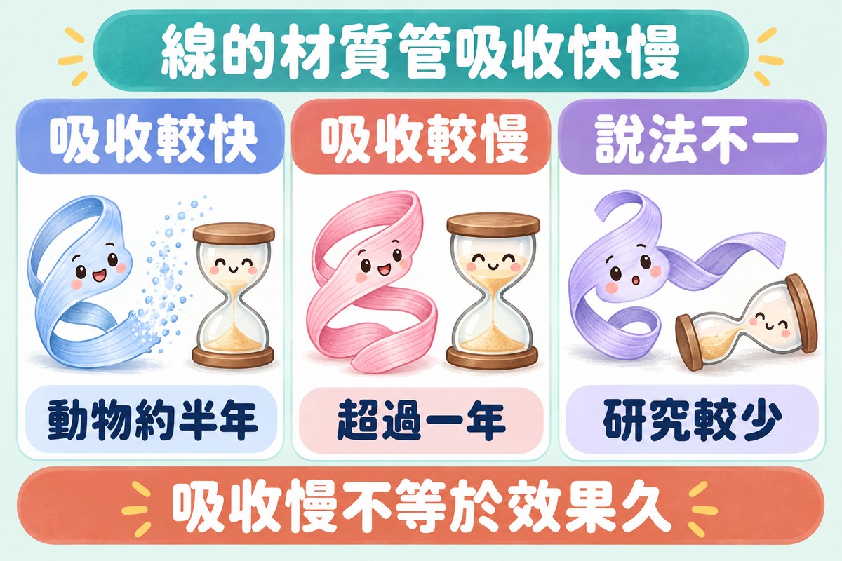 三張卡片的整理圖:一端化成小光點的線角色與快漏完的小沙漏寫著吸收較快、動物約半年,線角色與還很滿的沙漏寫著吸收較慢、超過一年,表情疑惑的線角色與躺著的沙漏寫著說法不一、研究較少;上方寫著線的材質管吸收快慢,下方寫著吸收慢不等於效果久