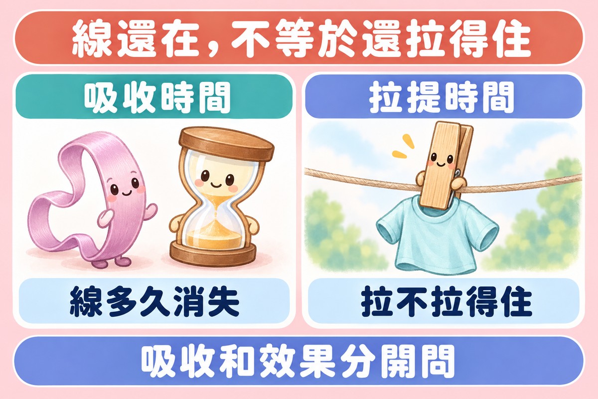 兩張卡片的整理圖:線角色站在小沙漏旁邊寫著吸收時間、線多久消失,曬衣夾還夾在繩上、下面的小襯衫掛得有點低寫著拉提時間、拉不拉得住;上方寫著線還在,不等於還拉得住,下方寫著吸收和效果分開問
