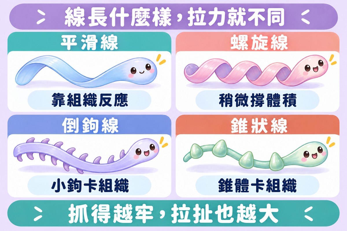 四格卡片的整理圖:光滑的線寫著平滑線、靠組織反應,扭成螺旋的線寫著螺旋線、稍微撐體積,邊緣有一排小鉤的線寫著倒鉤線、小鉤卡組織,串著小錐體的線寫著錐狀線、錐體卡組織;上方寫著線長什麼樣,拉力就不同,下方寫著抓得越牢,拉扯也越大