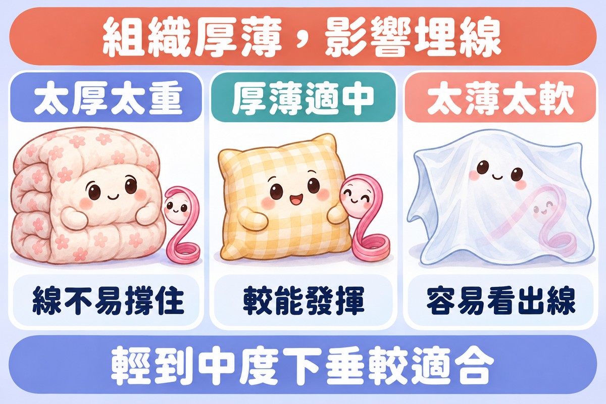 三張卡片的整理圖:厚重的棉被旁邊的線顯得很小寫著太厚太重、線不易撐住,厚薄適中的靠墊和線一起寫著厚薄適中、較能發揮,薄薄的床單透出線的輪廓寫著太薄太軟、容易看出線;上方寫著組織厚薄,影響埋線,下方寫著輕到中度下垂較適合