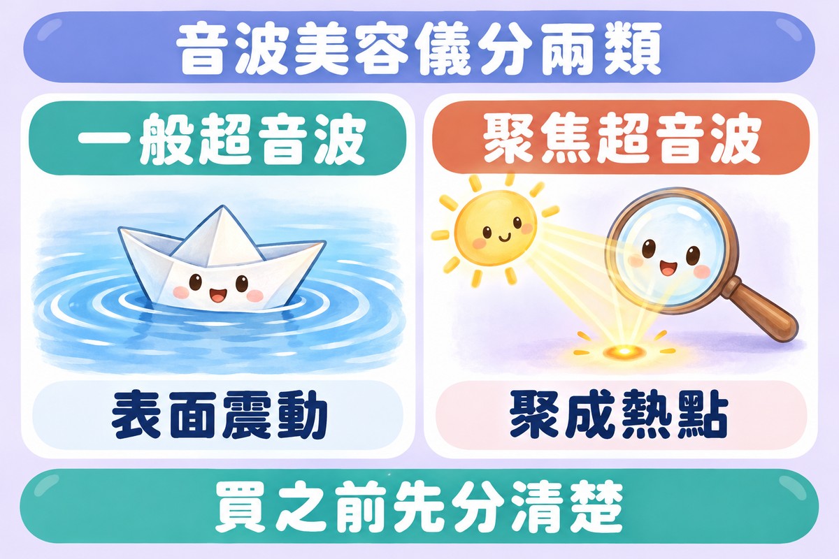 兩張卡片的整理圖:水面上的小紙船角色只在表面推出柔和波紋,寫著一般超音波、表面震動;放大鏡角色把陽光聚成鏡子底下的小光點,寫著聚焦超音波、聚成熱點;上方寫著音波美容儀分兩類,下方寫著買之前先分清楚