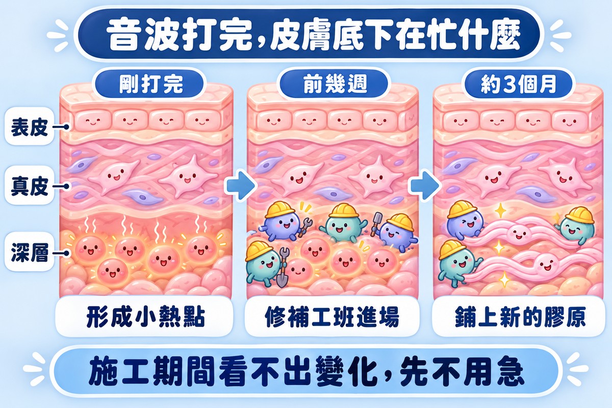 皮膚剖面的三個階段:剛打完在深層形成小熱點,前幾週修補工班進場,約3個月鋪上新的膠原;表皮、真皮、深層各有標示