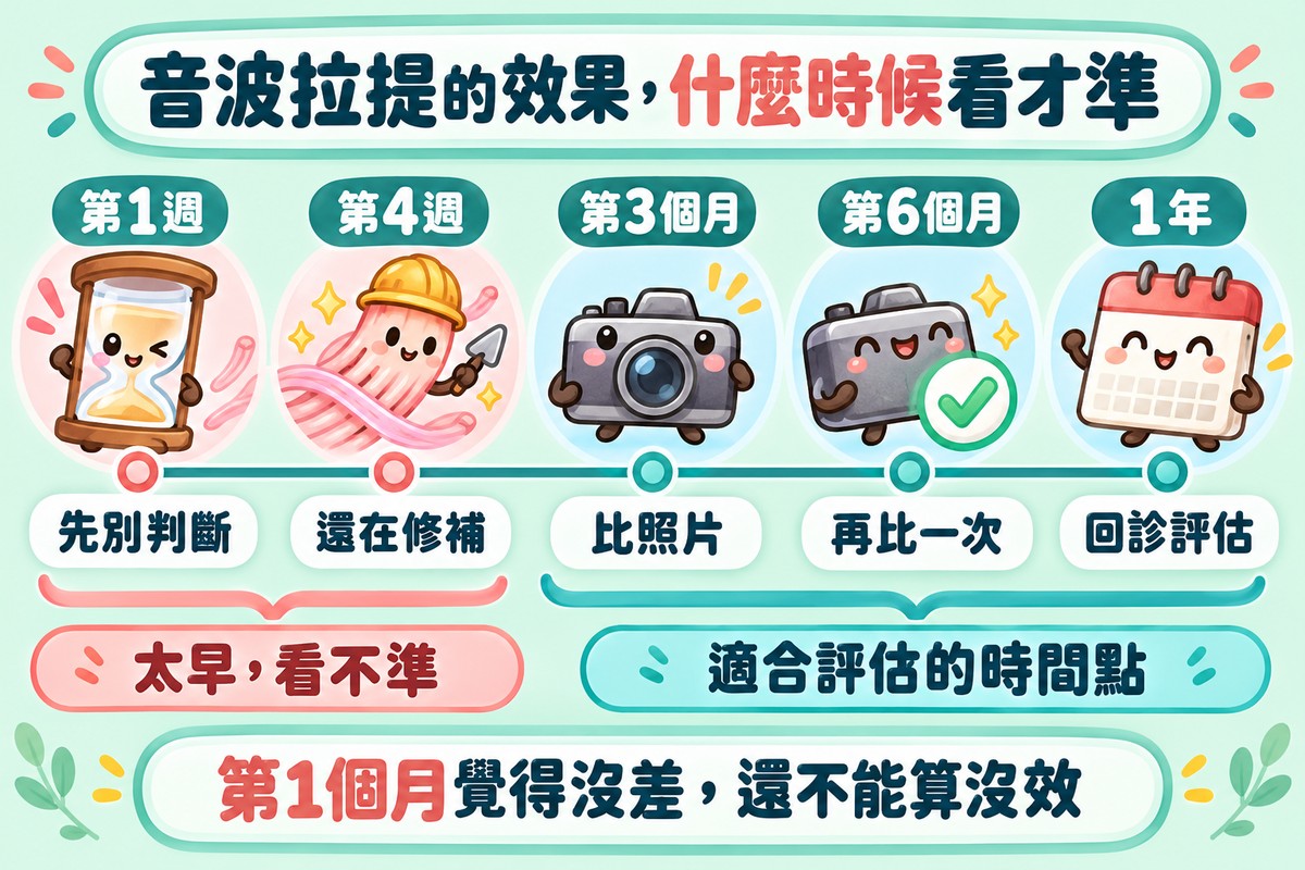 美國音波效果的時間軸:第1週先別判斷、第4週還在修補,屬於太早看不準;第3個月比照片、第6個月再比一次、1年回診評估,是適合評估的時間點