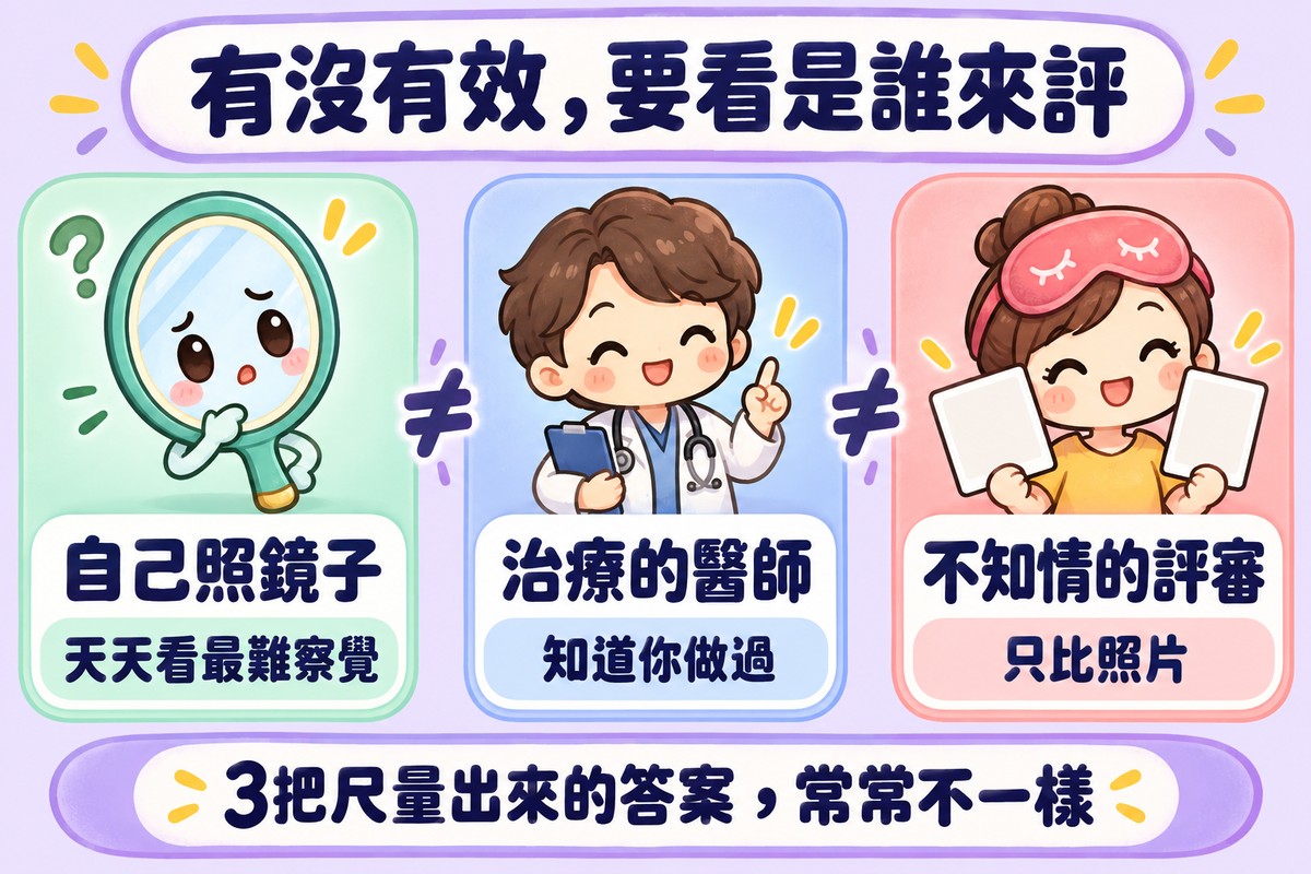 三張卡片:自己照鏡子天天看最難察覺、治療的醫師知道你做過、不知情的評審只比照片,三把尺量出來的答案常常不一樣