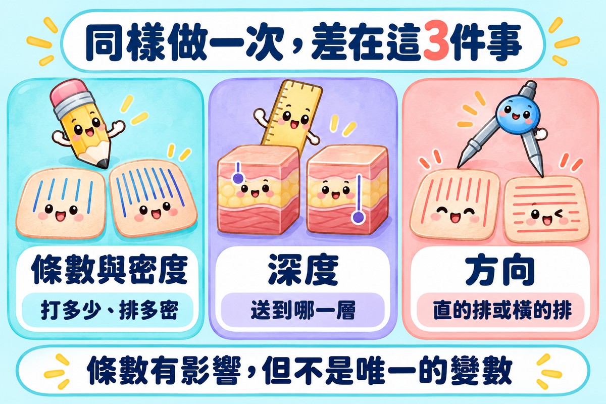 三張卡片說明同樣做一次會不同的三件事:條數與密度是打多少、排多密,深度是送到哪一層,方向是直的排或橫的排