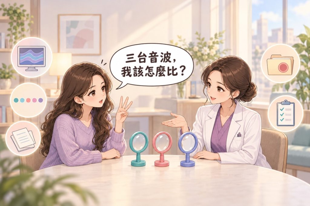 插畫：診間裡一位女性比著三根手指發問，對面穿白袍的醫師比著桌上三支不同顏色的小放大鏡向她說明，周圍有螢幕、一排小點、一疊紙、蓋了章的資料夾與打勾清單的小圖示