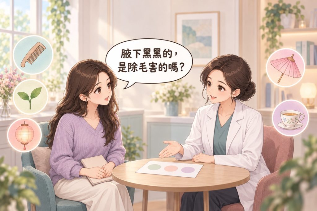 插畫：診間裡一位穿長袖上衣的女性拿著空白的小筆記本發問，對面穿白袍的醫師比著桌上一張只畫了三個柔和小圓的紙平靜說明，周圍有梳子、小嫩芽、小燈籠、陽傘與茶杯的小圖示