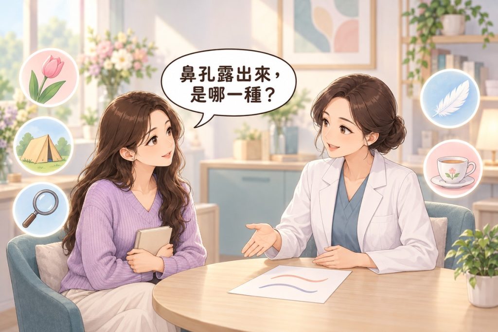 插畫：診間裡一位女性拿著空白的小筆記本發問，對面穿白袍的醫師比著桌上一張只畫了兩條柔和曲線的紙平靜說明，周圍有往上看的小鬱金香、小帳篷、放大鏡、羽毛與茶杯的小圖示