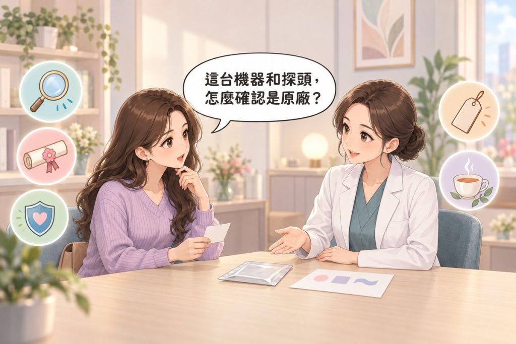 插畫:診間裡一位女性拿著一張空白小卡發問,對面穿白袍的醫師比著桌上一個封好的空白小袋子與一張只畫了三個柔和圖形的紙平靜說明,周圍有放大鏡、證書捲軸、愛心盾牌、標籤牌與茶杯的小圖示