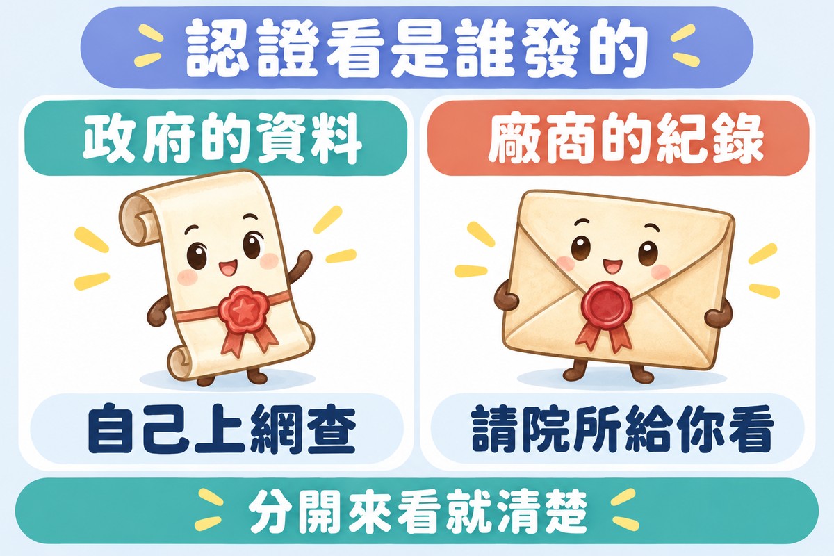 兩張卡片的整理圖:有花形印章的證書捲軸角色寫著政府的資料、自己上網查;封口信封角色寫著廠商的紀錄、請院所給你看;上方寫著認證看是誰發的,下方寫著分開來看就清楚