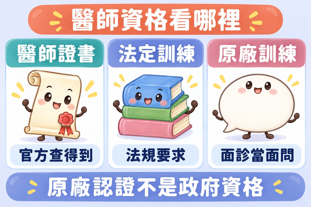三張卡片的整理圖:證書捲軸角色寫著醫師證書、官方查得到;一疊書角色寫著法定訓練、法規要求;空白對話框角色寫著原廠訓練、面診當面問;上方寫著醫師資格看哪裡,下方寫著原廠認證不是政府資格