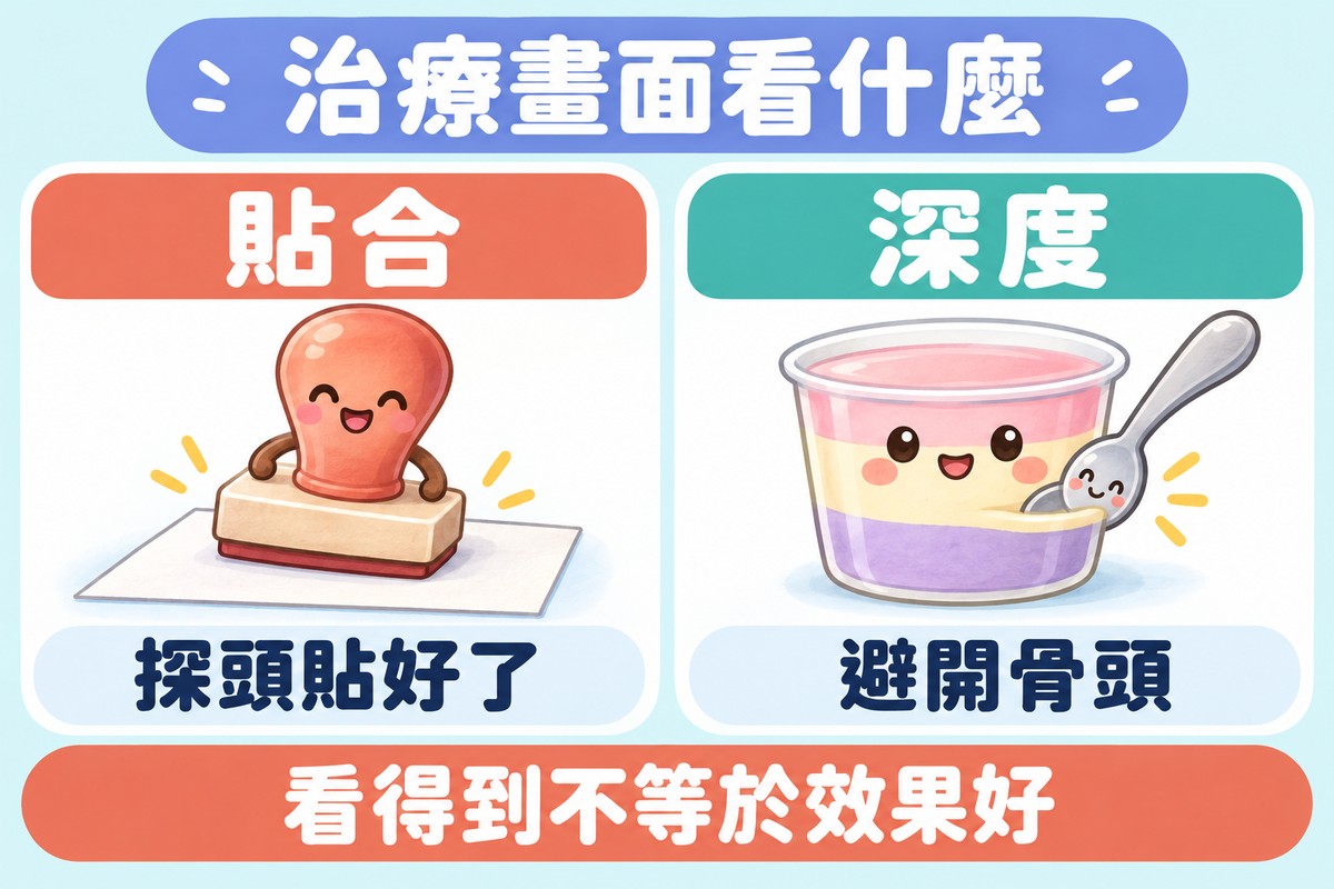 兩張卡片的整理圖:印章角色整個平貼在紙上,寫著貼合、探頭貼好了;湯匙角色停在多層布丁杯的中間層、離底部還有距離,寫著深度、避開骨頭;上方寫著治療畫面看什麼,下方寫著看得到不等於效果好