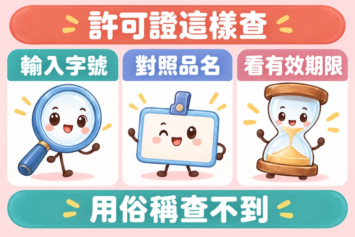 三張卡片的整理圖:放大鏡角色寫著輸入字號;空白名牌角色寫著對照品名;沙漏角色寫著看有效期限;上方寫著許可證這樣查,下方寫著用俗稱查不到