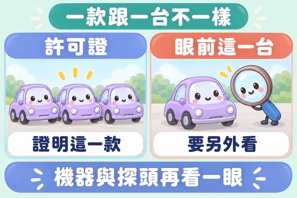 兩格對照的比喻圖:左邊一排三台一模一樣的玩具車,寫著許可證、證明這一款;右邊一台玩具車旁邊有放大鏡在仔細看,寫著眼前這一台、要另外看;上方寫著一款跟一台不一樣,下方寫著機器與探頭再看一眼