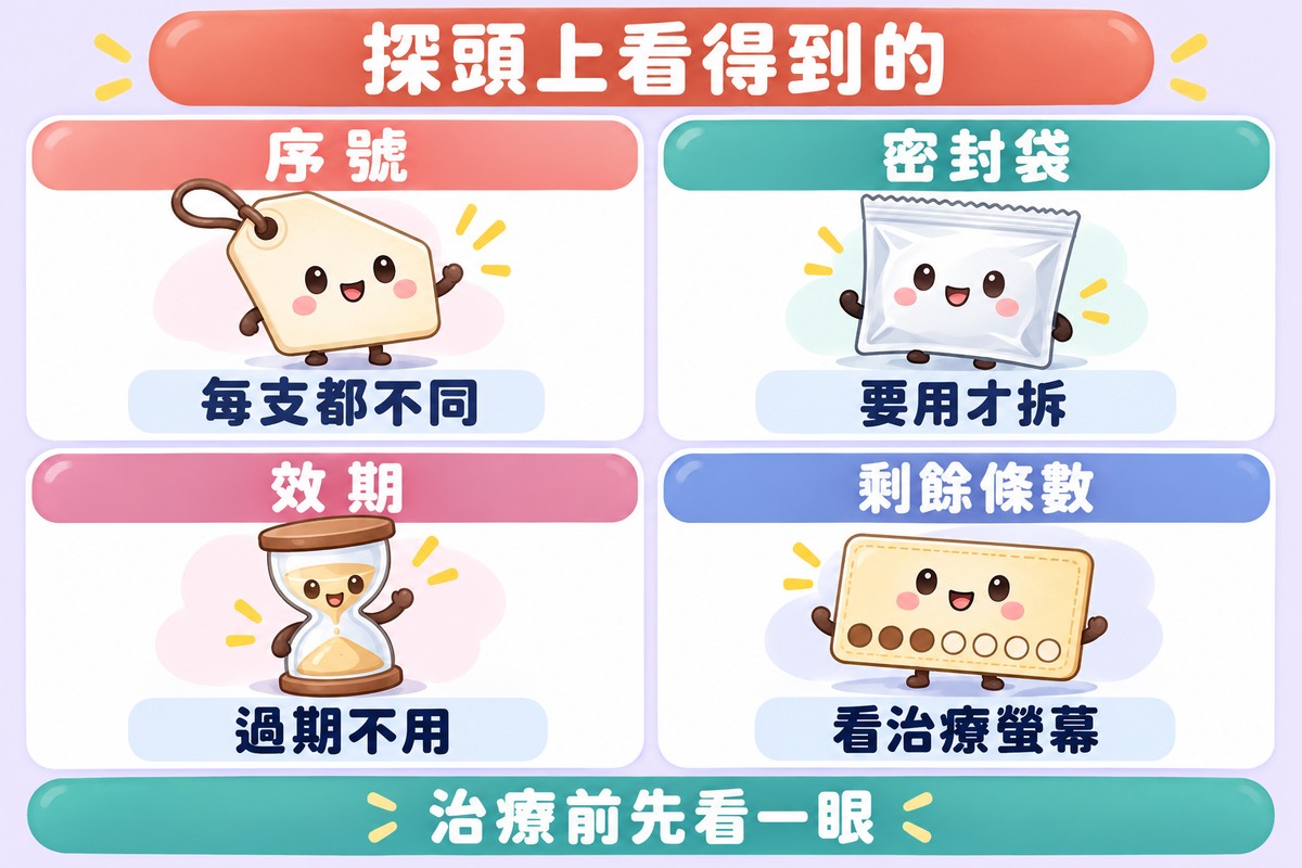 四張卡片的整理圖:空白標籤牌角色寫著序號、每支都不同;封好的小袋子角色寫著密封袋、要用才拆;沙漏角色寫著效期、過期不用;有一排小圓洞的多次票角色寫著剩餘條數、看治療螢幕;上方寫著探頭上看得到的,下方寫著治療前先看一眼