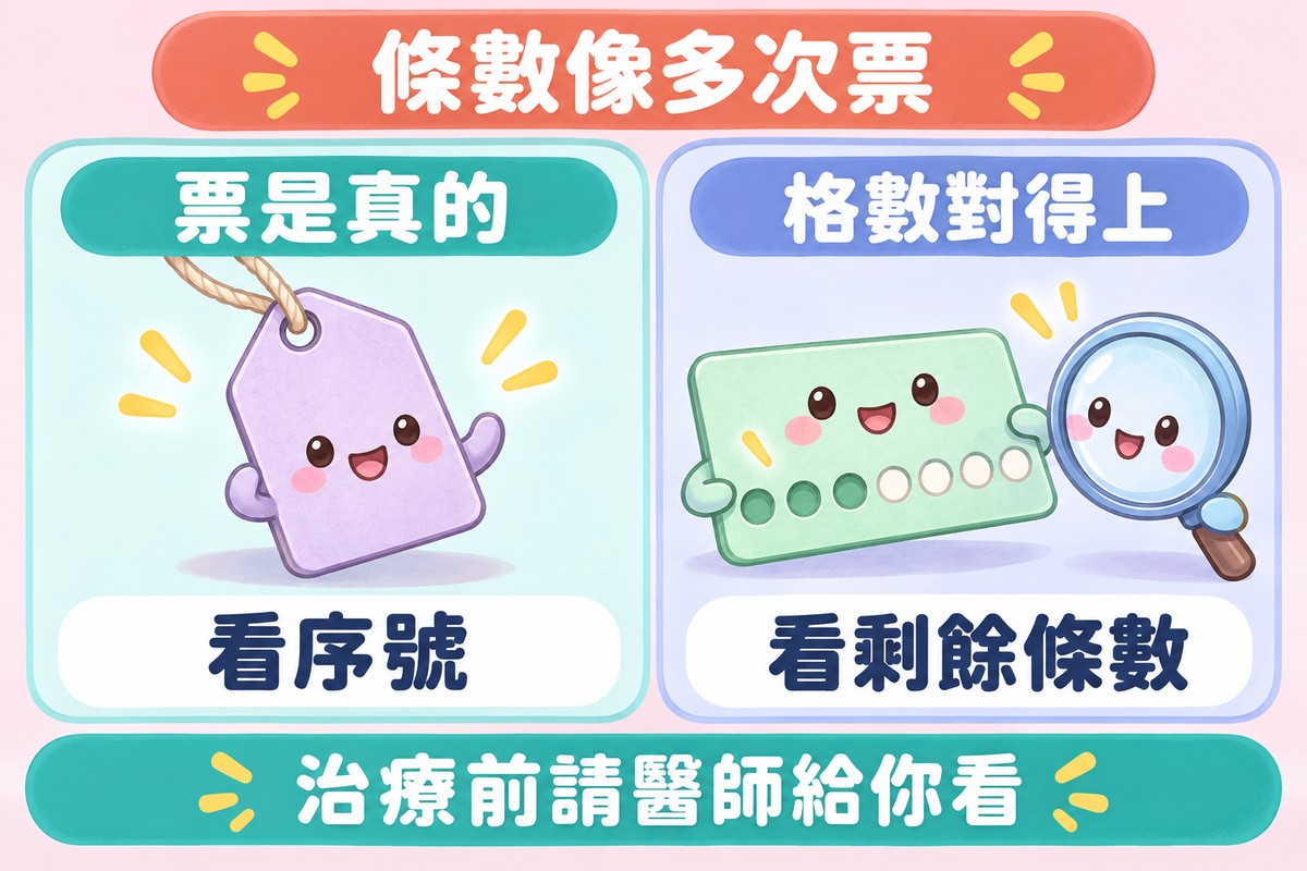 兩格的比喻圖:左邊空白標籤牌角色寫著票是真的、看序號;右邊有一排小圓圈的多次票角色、旁邊放大鏡在看,寫著格數對得上、看剩餘條數;上方寫著條數像多次票,下方寫著治療前請醫師給你看