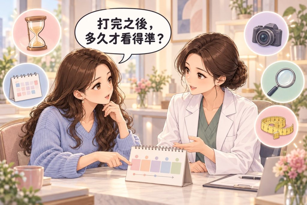 插畫:診間裡一位女性指著桌上的月曆,問穿白袍的醫師打完之後多久才看得準,周圍有沙漏、月曆、相機、放大鏡與捲尺小圖示