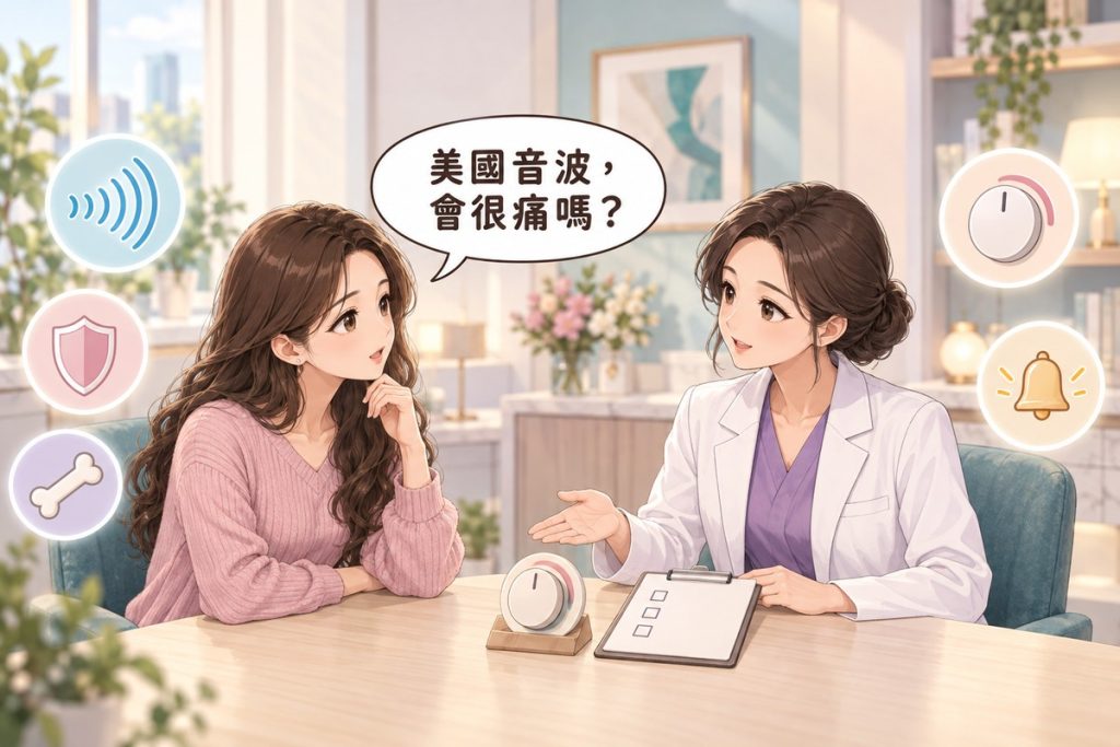 插畫：診間裡一位女性帶著疑問發問，對面穿白袍的醫師比著桌上的旋鈕與記事板向她說明，周圍有聲波、盾牌、小骨頭、旋鈕與鈴鐺的小圖示