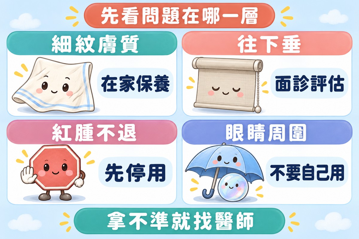 四張卡片的分類圖:有些微摺痕的手帕寫著細紋膚質、在家保養;滑下來捲不回去的捲簾寫著往下垂、面診評估;空白的停止牌寫著紅腫不退、先停用;替小彈珠撐傘的小雨傘寫著眼睛周圍、不要自己用;上方寫著先看問題在哪一層,下方寫著拿不準就找醫師