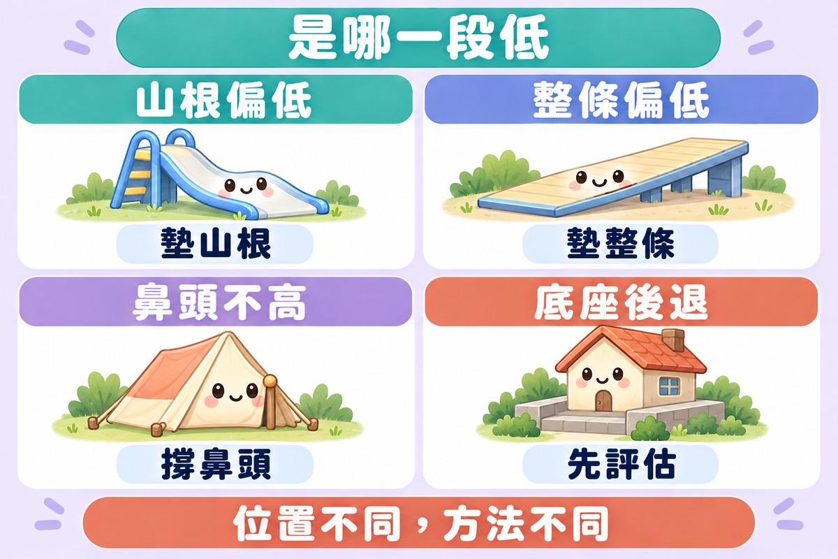 四格卡片的整理圖:起點很低的小溜滑梯寫著山根偏低、墊山根,一直都很低的長坡道寫著整條偏低、墊整條,前桿很短的小帳篷寫著鼻頭不高、撐鼻頭,坐在往後退的平台上的小屋寫著底座後退、先評估;上方寫著是哪一段低,下方寫著位置不同,方法不同